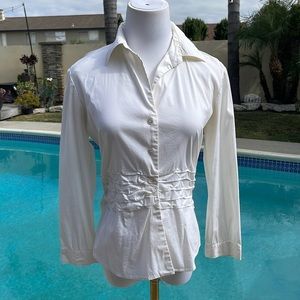 Long-sleeve white, button down,gathered blouse by theory | Size PS